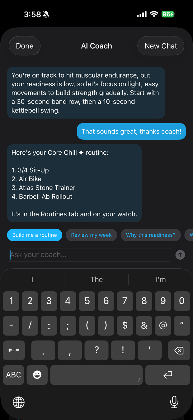 The AI Coach chat turning a plain-language request into a numbered, editable routine.
