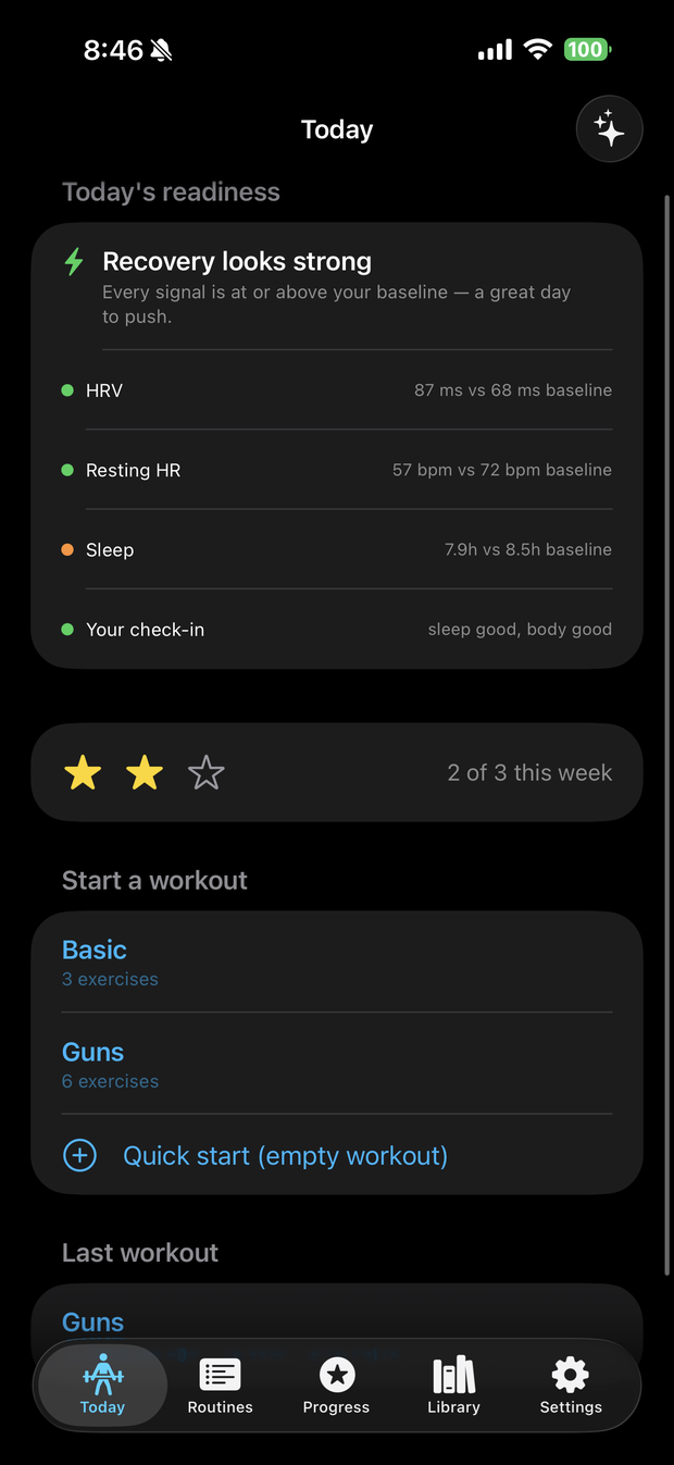 The Today screen showing recovery readiness (HRV, resting heart rate, sleep versus baseline) and weekly stars.