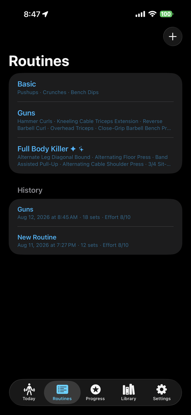 The Routines tab listing saved routines and recent workout history with effort scores.