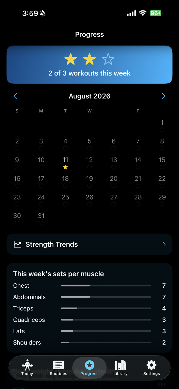 The Progress tab with weekly stars, a consistency calendar, and sets-per-muscle bars.