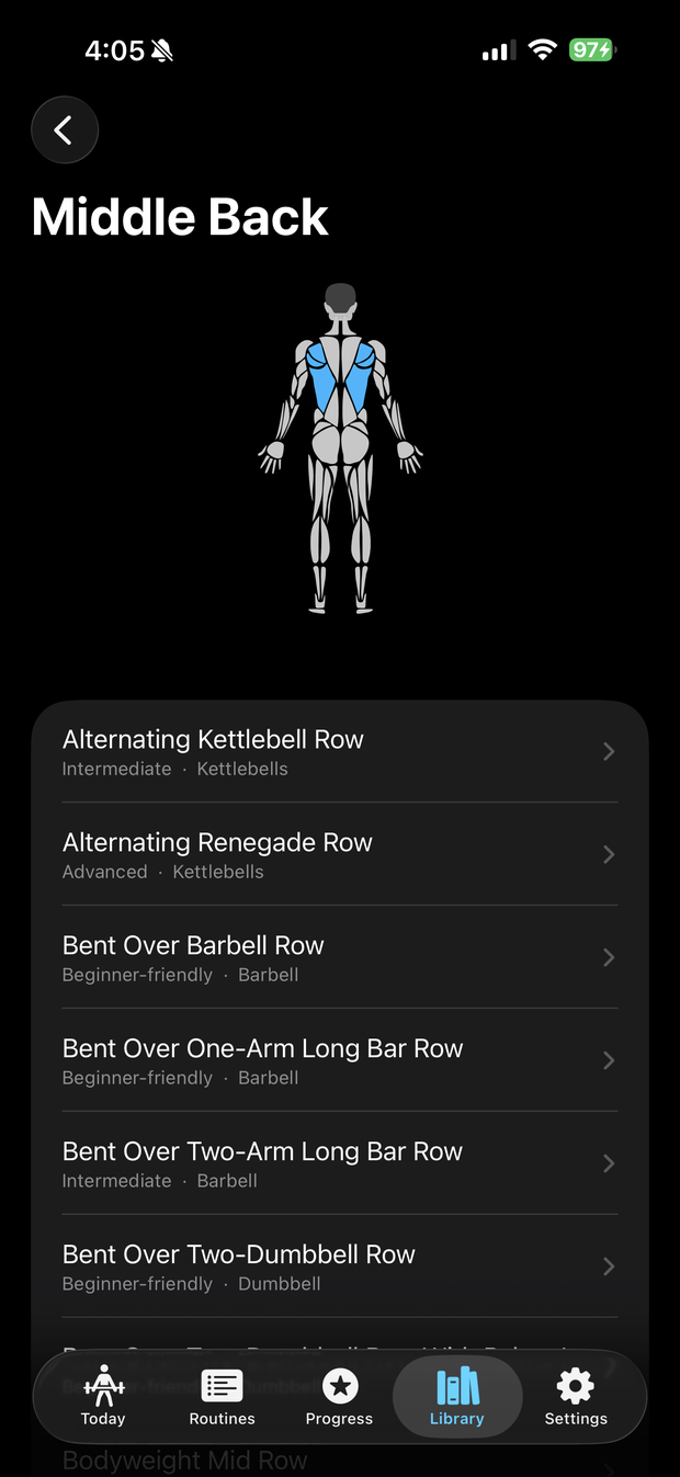 The exercise library showing a Middle Back muscle diagram and matching exercises by difficulty and equipment.