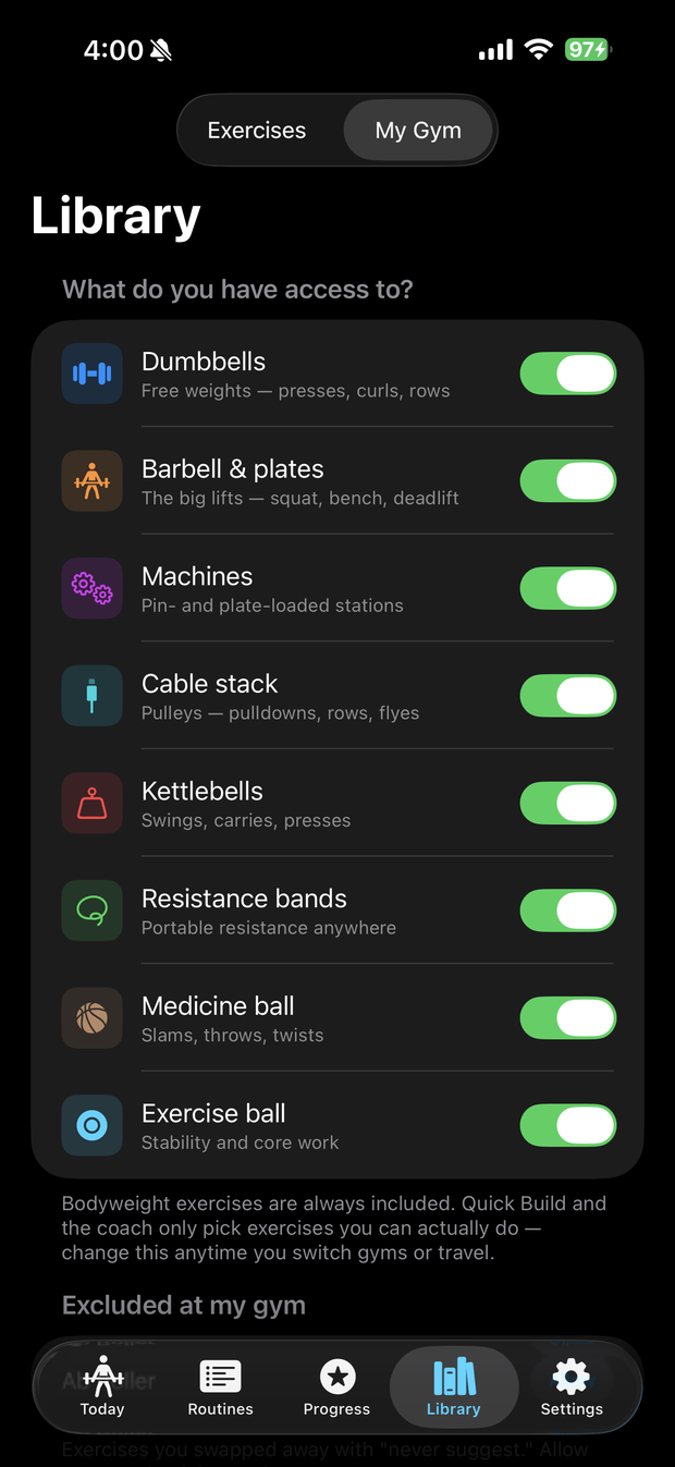 The My Gym screen with toggles for the equipment you have access to.